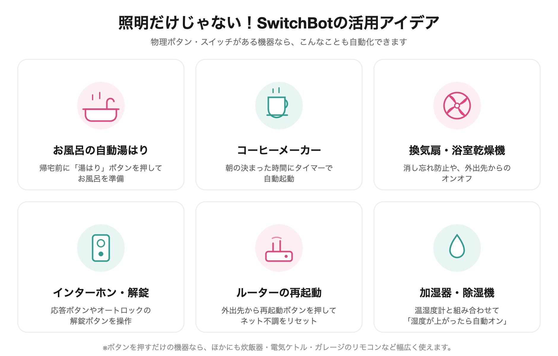 SwitchBotの活用アイデア｜お風呂の自動湯はり・コーヒーメーカー・換気扇・インターホン解錠・ルーター再起動・加湿器除湿機