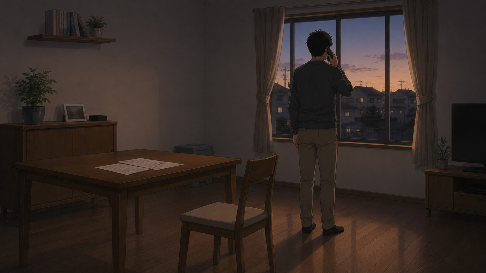夕暮れの部屋のイラスト。テーブルに書類が残されたまま椅子が引かれており、男性が後ろ姿で窓際に立ちスマホを耳に当てて電話をかけている