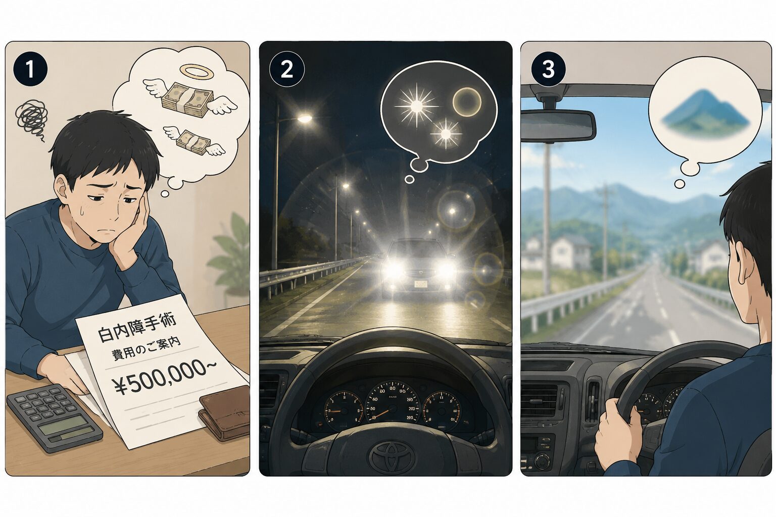 デメリット3点のイラスト：自費診療の高額な費用、夜間のハロー・グレア、遠くの景色のぼやけ
