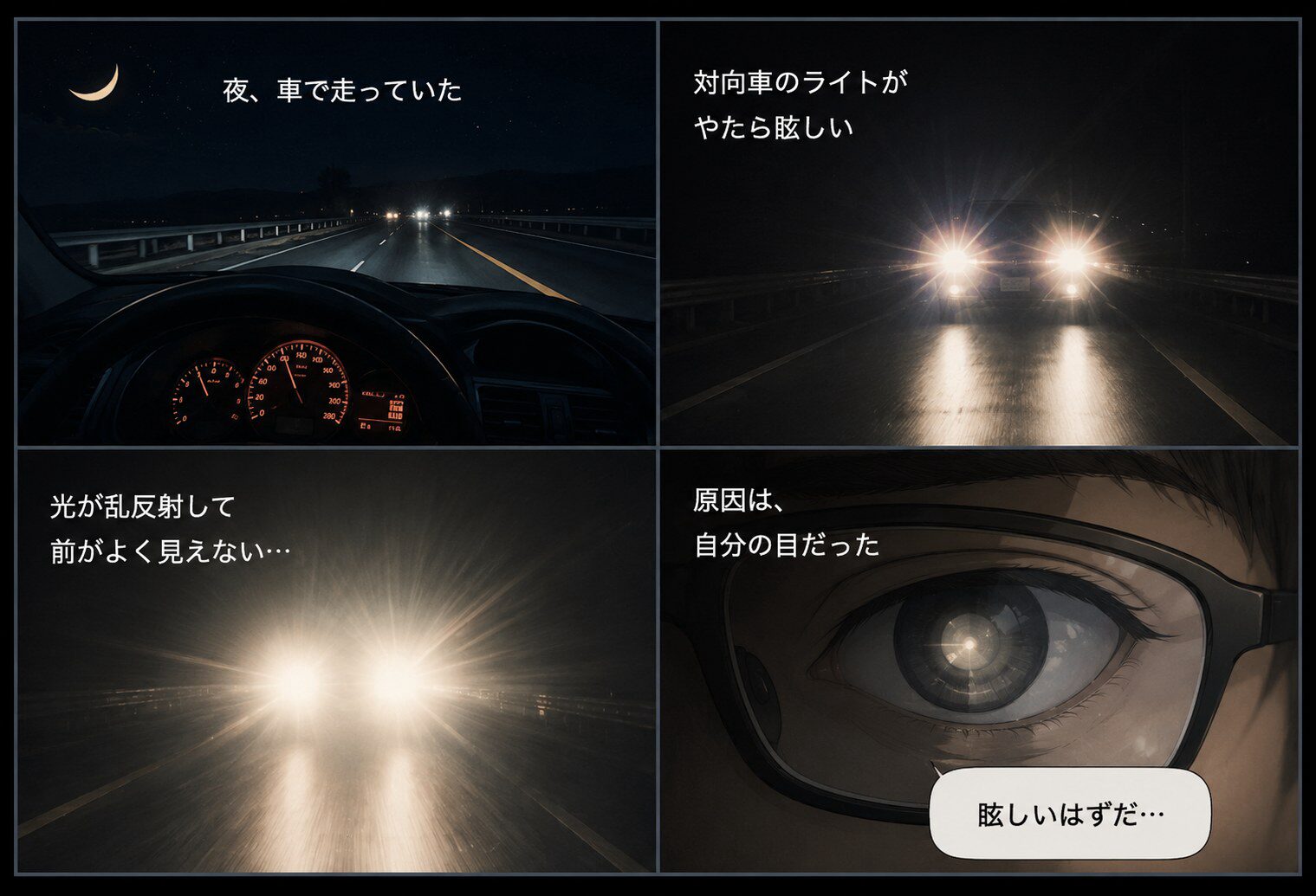夜、対向車のライトが眩しくて前が見えにくくなる様子を描いた4コマ漫画