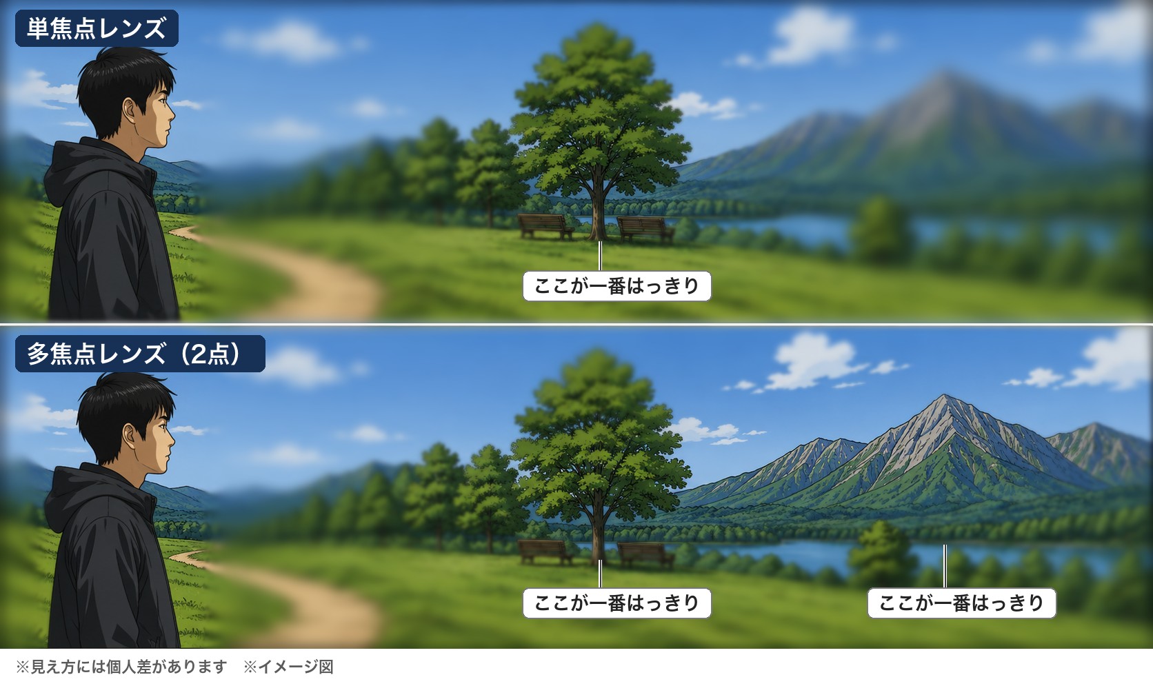 単焦点レンズは中距離の木だけがはっきり見え、そこから離れるほど徐々にぼやける。多焦点レンズ（2点）では木と遠くの山、その間の景色もはっきり見えることを比べたイラスト