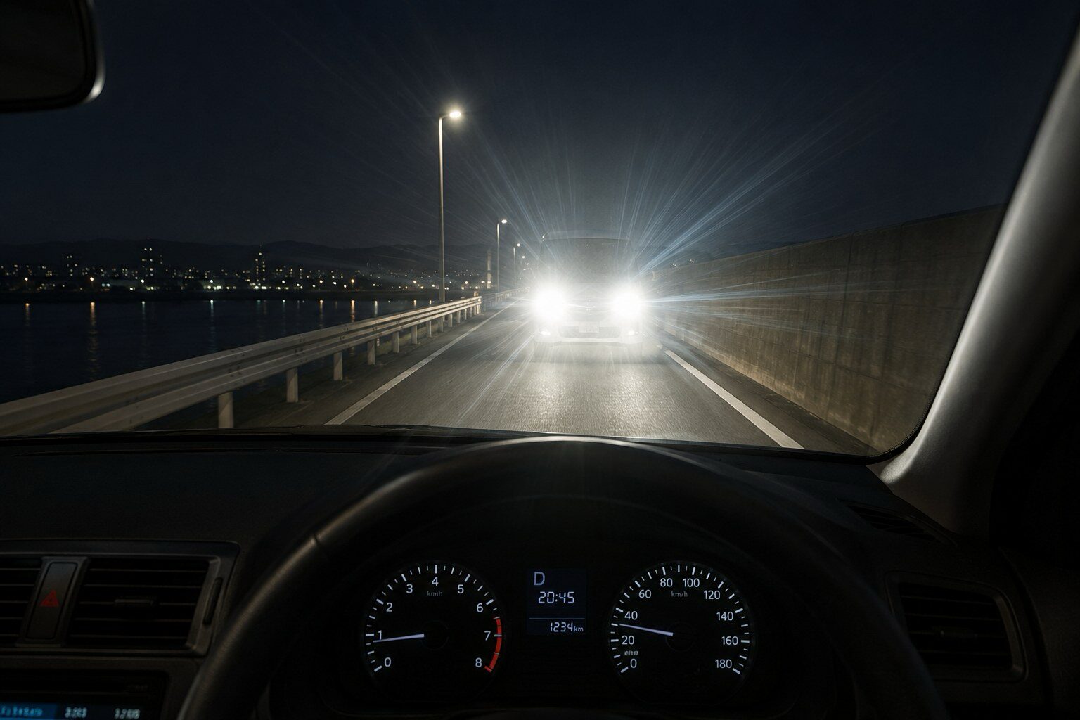 夜の堤防道路で対向車のヘッドライトが眩しく見える運転席からの視点