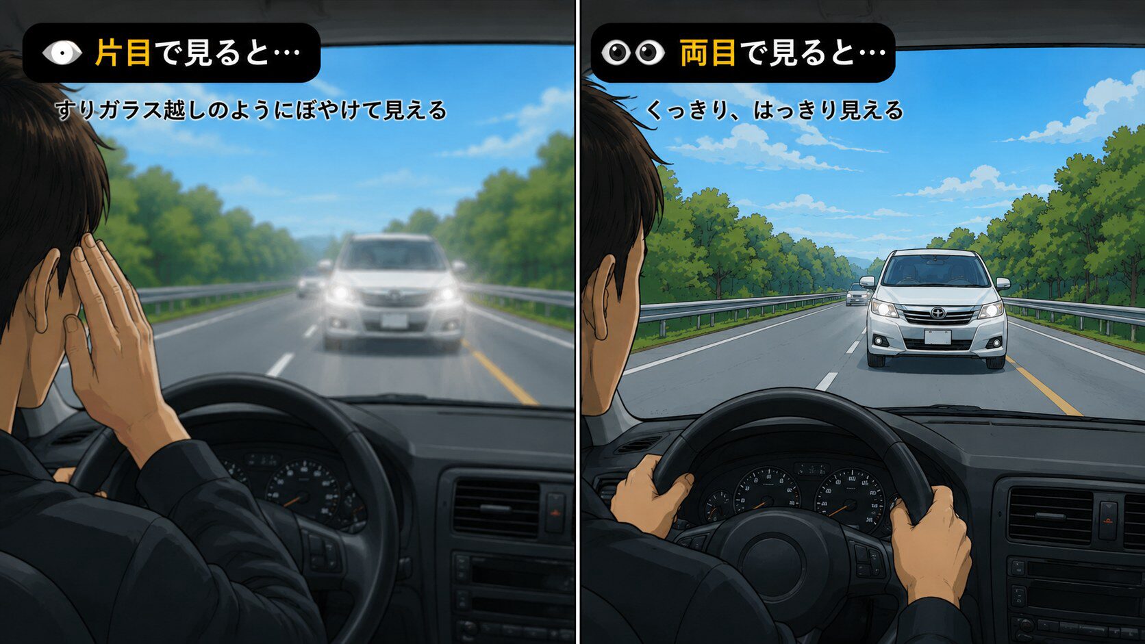 片目で見るとすりガラス越しにぼやけ、両目で見るとくっきり見える比較イラスト