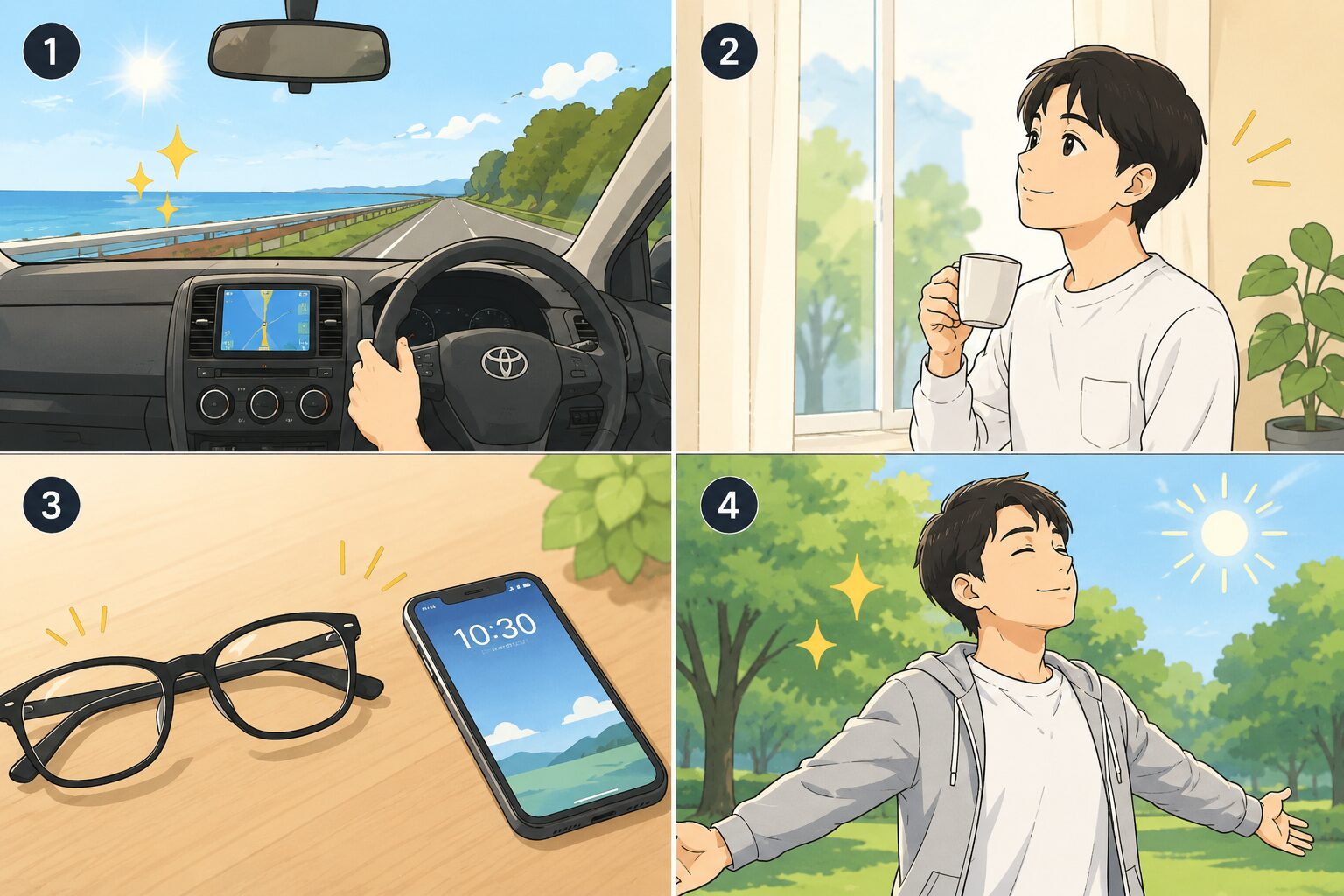 満足度が高い理由4点のイラスト：運転のストレス軽減、昼間の見やすさ、スマホがメガネなしで見える、目の心配がない安心感