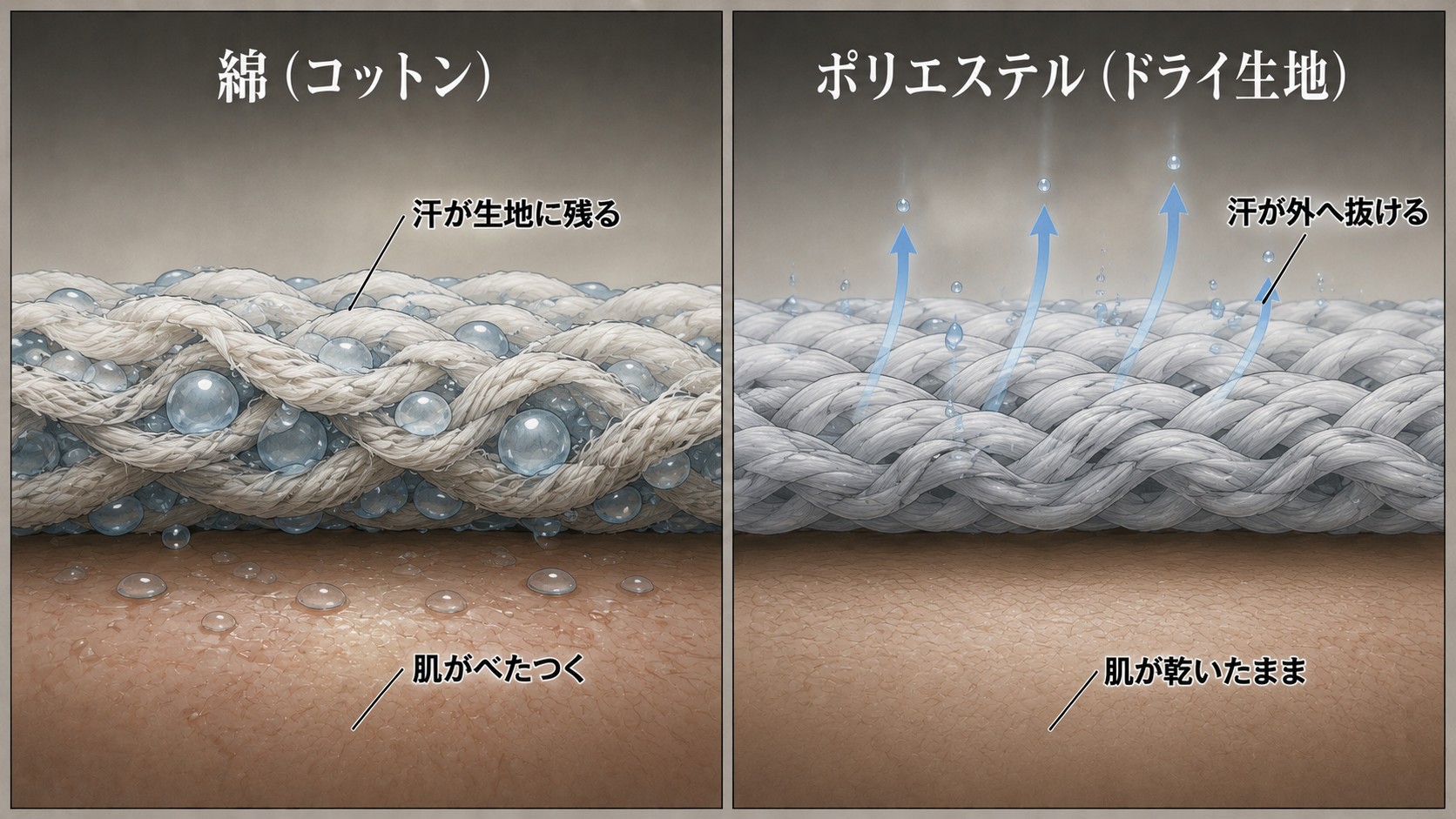綿とポリエステルの生地断面を比較したイラスト図