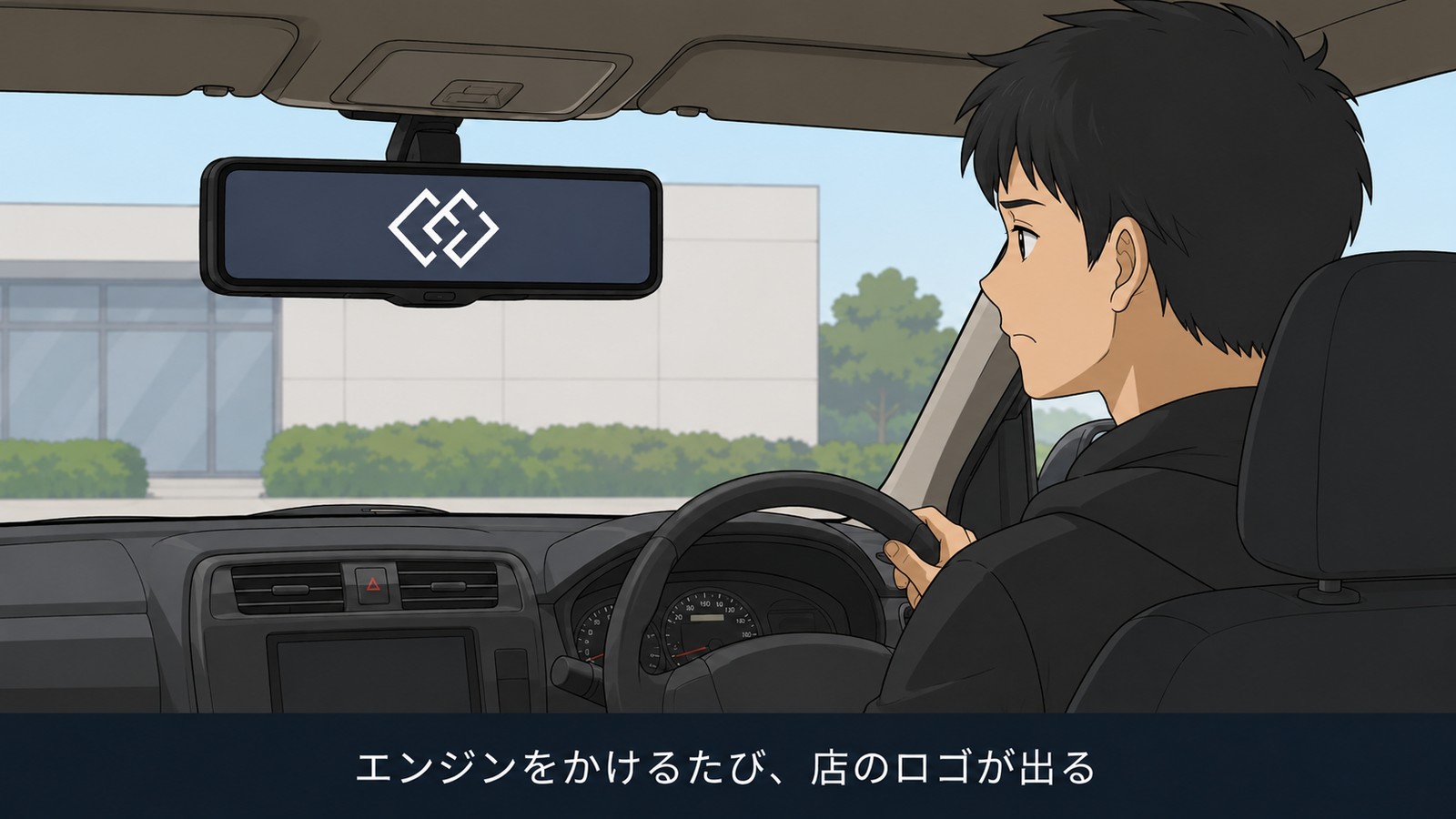 デジタルルームミラーの画面に店のロゴが表示されているのを見て、がっかりした表情を浮かべる運転者のイラスト。「エンジンをかけるたび、店のロゴが出る」の文字入り
