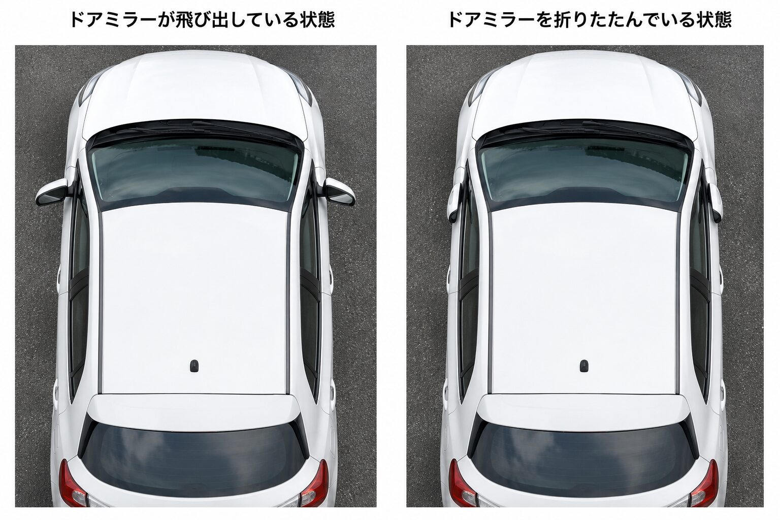 ドアミラーが飛び出している状態と折りたたんでいる状態の比較イラスト