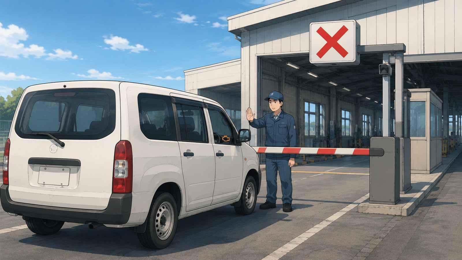 エンジン警告灯が点いたままの車が車検場の入口で止められているイラスト