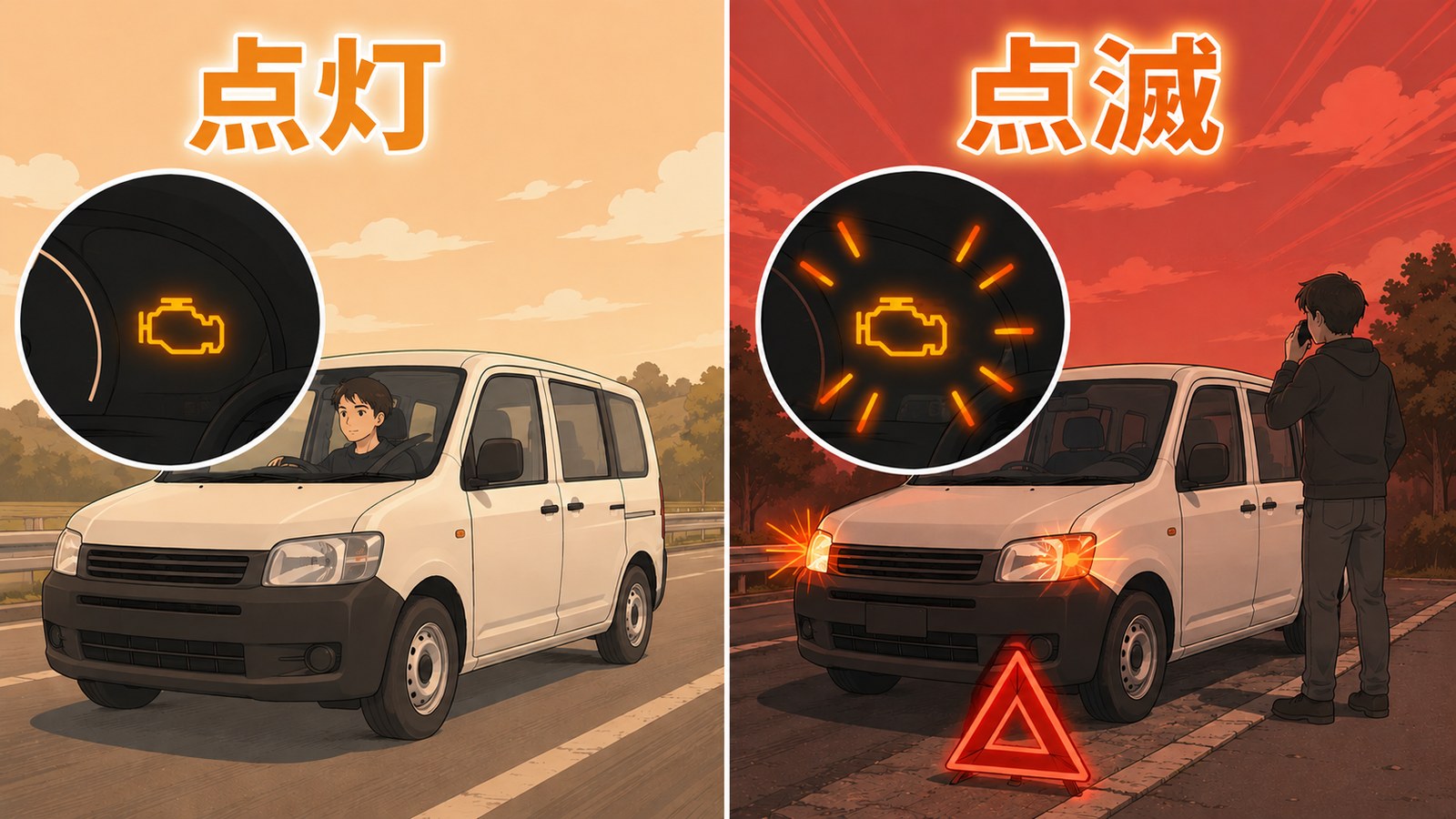 エンジン警告灯が点灯している場合と点滅している場合の対応の違いを表したイラスト