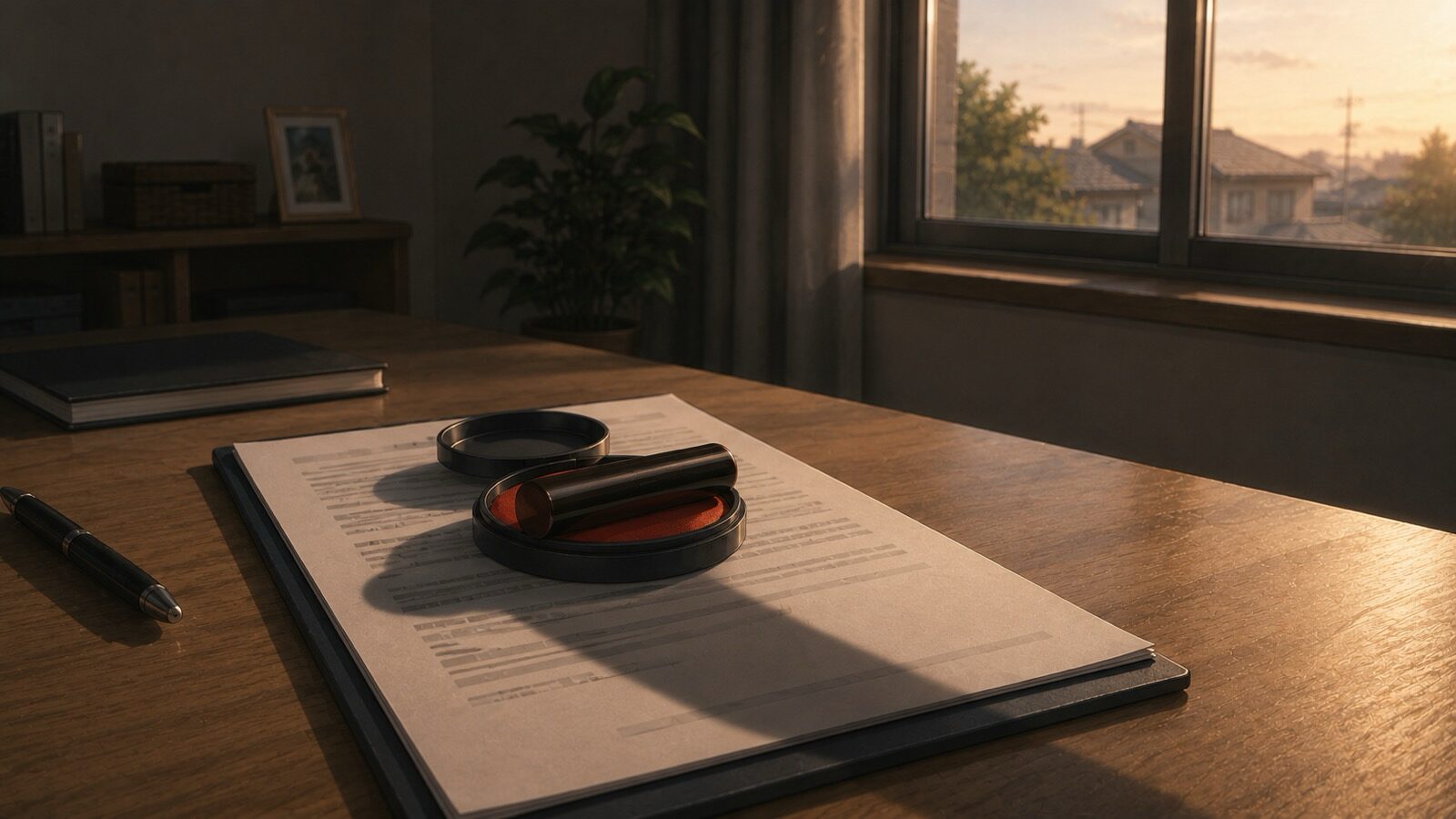 夕方の光が差し込む部屋の机の上、契約書とみられる書類の上に朱肉と印鑑が置かれ、長い影が伸びている