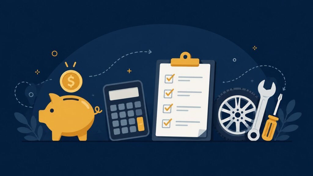 貯金箱・電卓・チェックリスト・工具で維持費の節約を表すイラスト