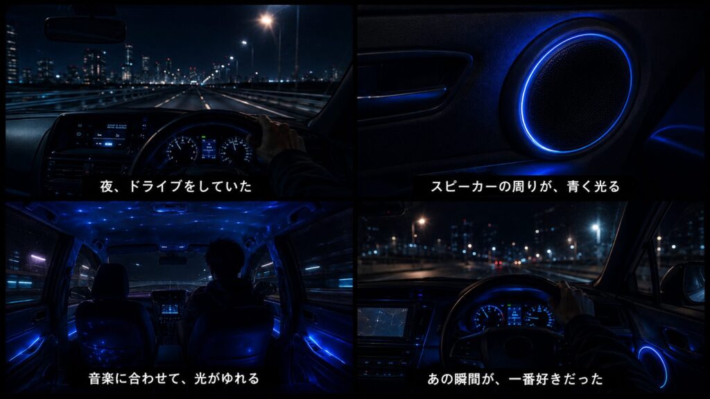 夜のドライブでスピーカー周りのリングが青く光る車内イメージ(4コマイラスト)