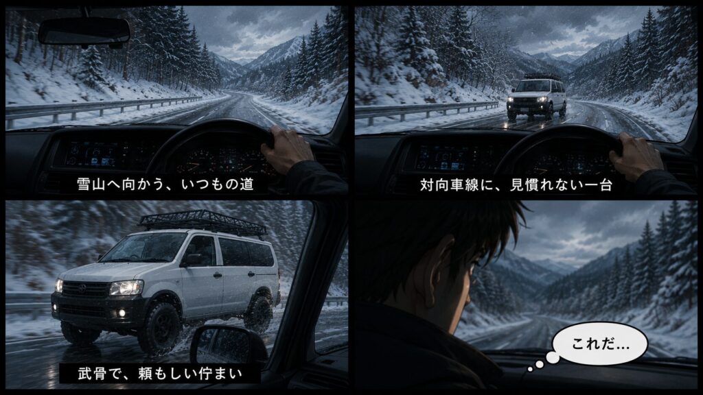 雪山へ向かう道でリフトアップされたカスタムバンとすれ違い「これだ」と感じた瞬間の4コマイラスト