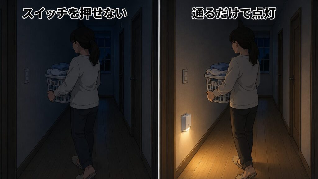 両手で洗濯かごを抱えた人が、センサーライトのない暗い廊下とライトが点灯した明るい廊下を歩く比較図