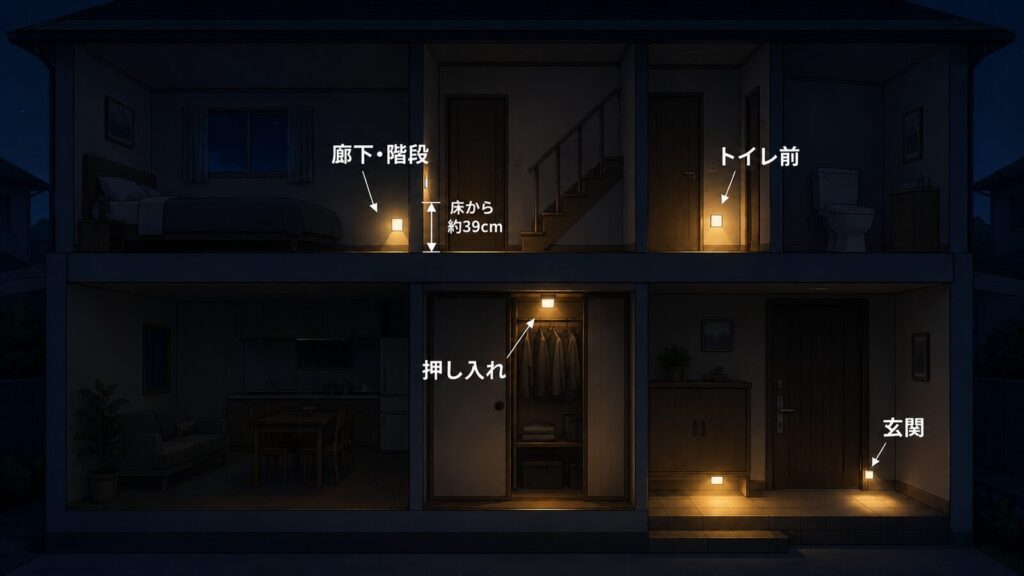 家の断面図におすすめの設置場所（廊下・階段、トイレ前、押し入れ、玄関）を示した図