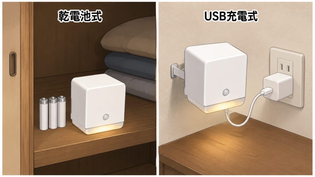 乾電池式とUSB充電式のセンサーライトの比較。乾電池式は押し入れに設置、USB充電式はコンセントに接続