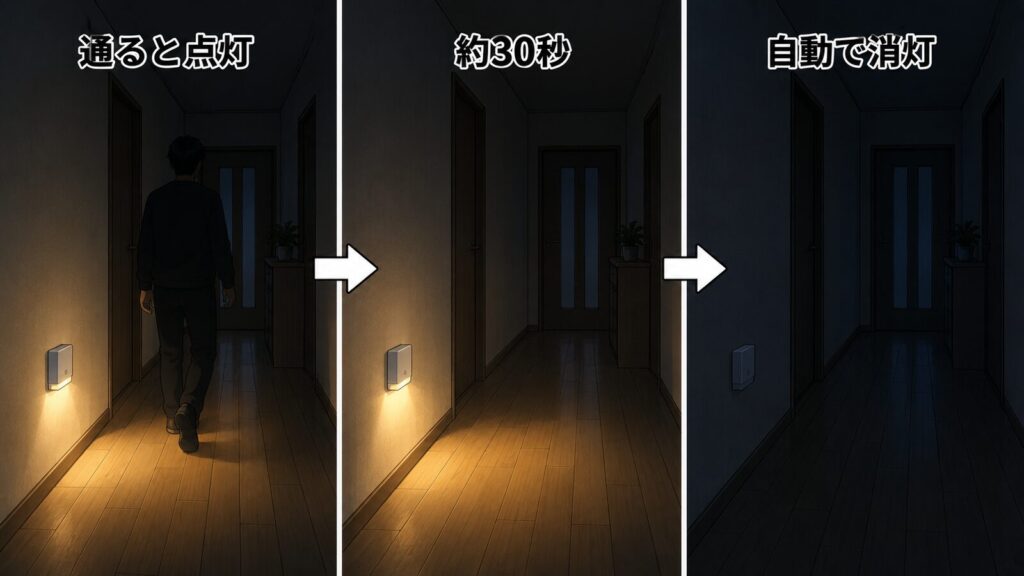 夜の廊下でセンサーライトが点灯してから自動で消灯するまでの3コマの流れ