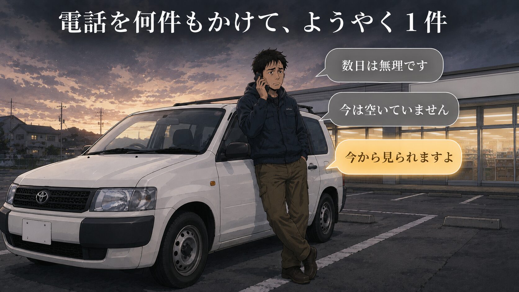 コンビニの駐車場で整備工場に電話をかけ、断られ続けてようやく1件見つかった場面