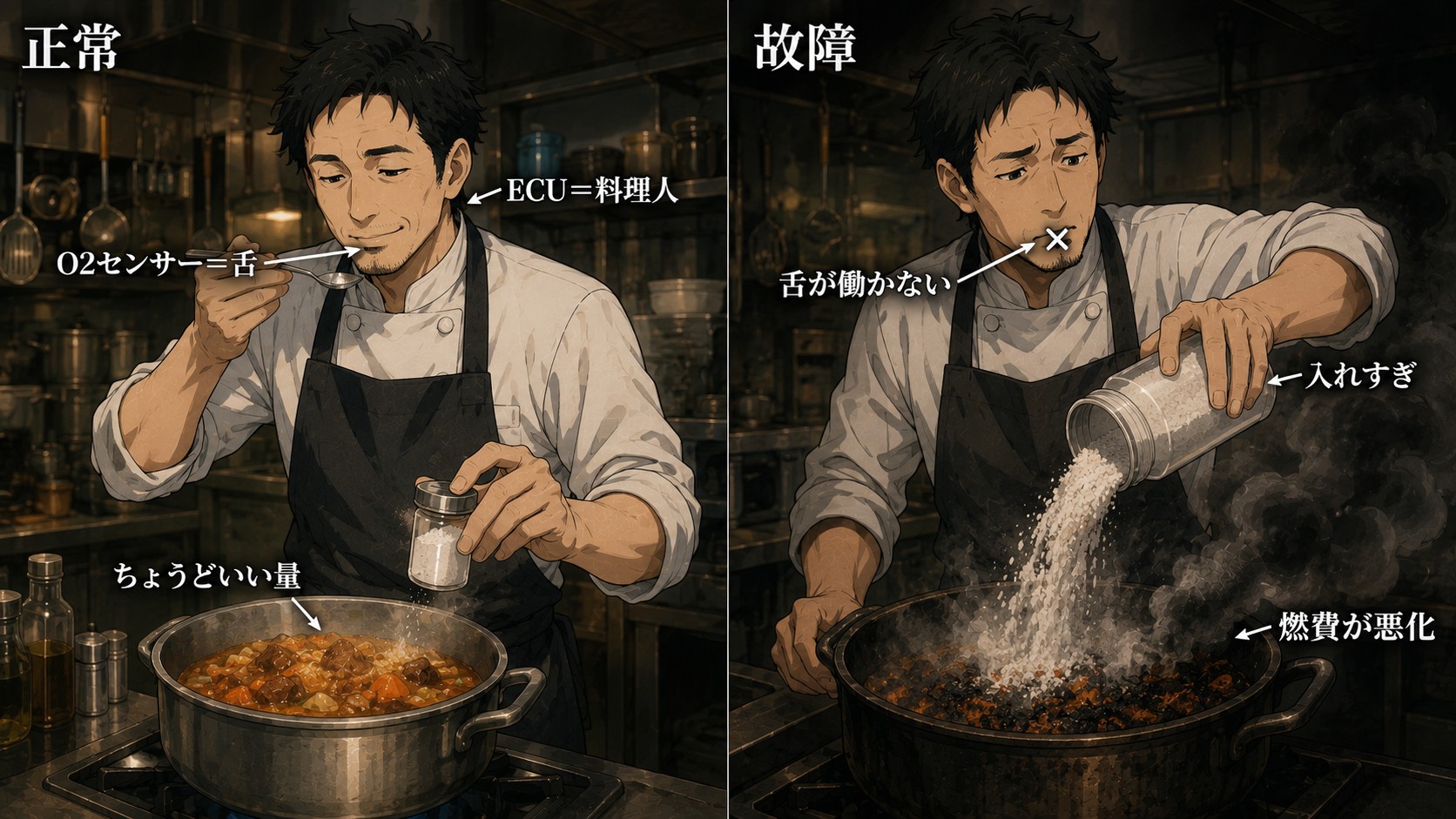 ECUを料理人、O2センサーを舌にたとえたイラスト