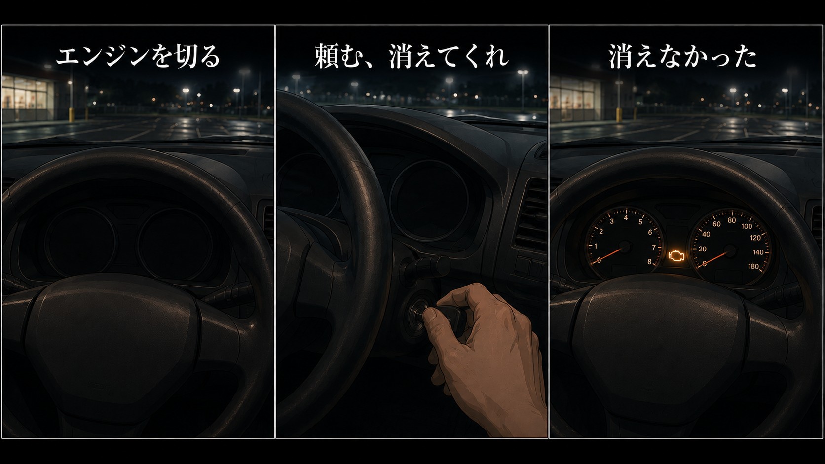 コンビニでエンジンを切ってかけ直しても、オレンジのエンジン警告灯が消えなかった場面のイメージ