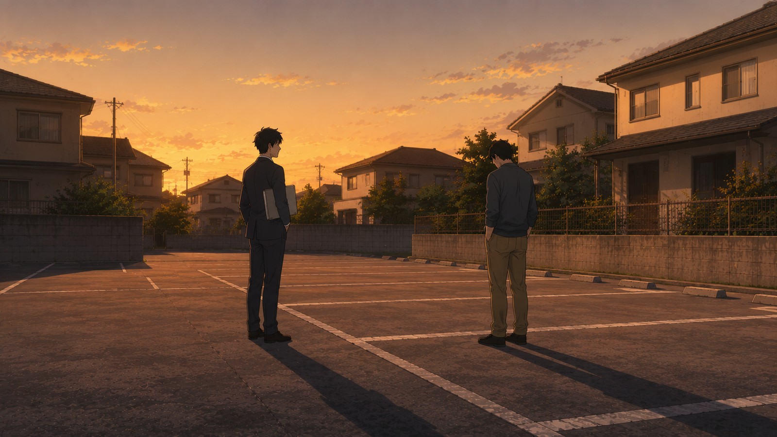 夕方の空いた駐車場のイラスト。書類を脇に抱えたスーツ姿の営業マンと、両手をポケットに入れてうつむき気味に立つ客の男性が、少し距離をとって向かい合っている