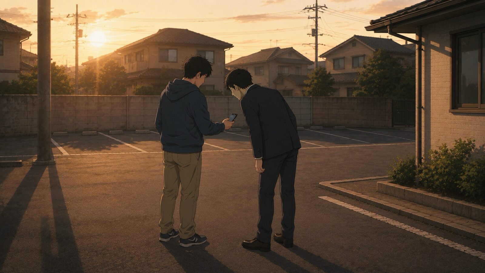 夕方の駐車場で、客の男性がスマートフォンの画面を営業担当者に見せており、担当者が身をかがめてそれを覗き込んでいる