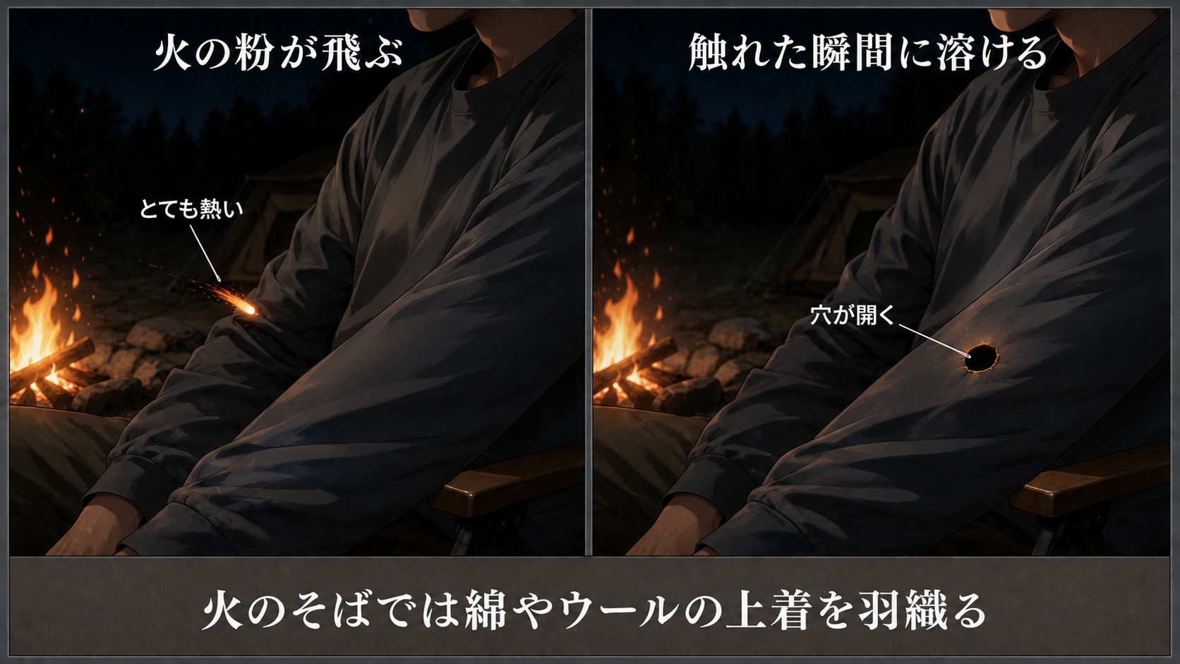 焚き火の火の粉がシャツの袖に触れて穴が開いた状態を示すイラスト