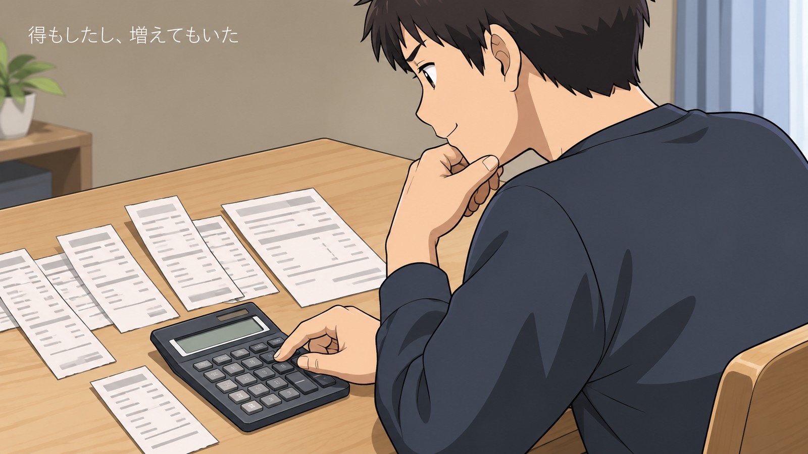 テーブルに広げた複数のレシートと電卓を前に、複雑な表情で計算している人物のイラスト。「得もしたし、増えてもいた」の文字入り