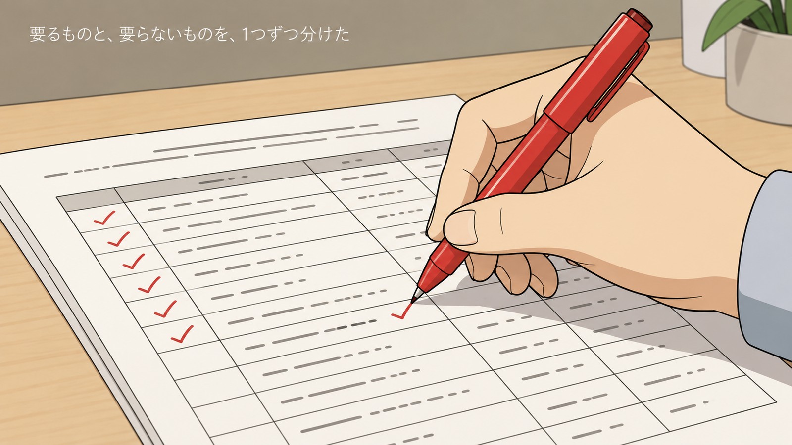 見積書に赤いペンでチェックマークを入れている手元のイラスト。「要るものと、要らないものを、1つずつ分けた」の文字入り