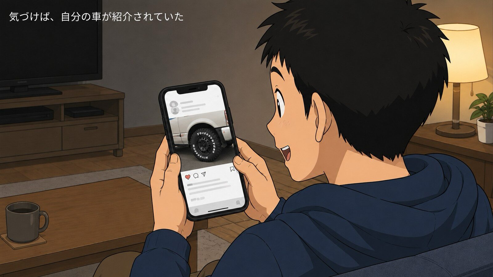 SNSの投稿画面に自分の車のタイヤ部分の写真が使われているのを見て驚く人物のイラスト。「気づけば、自分の車が紹介されていた」の文字入り