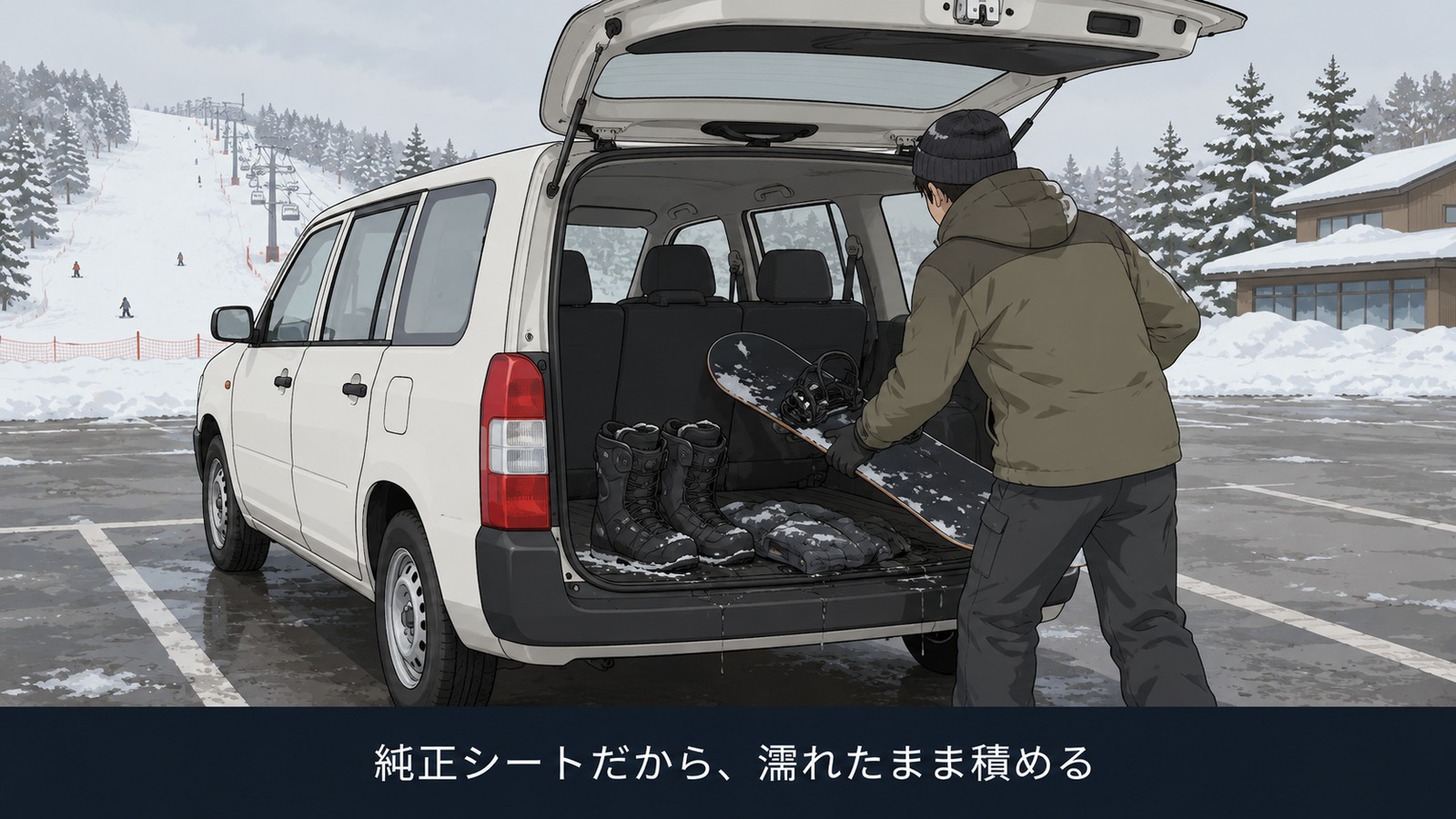 雪のスキー場の駐車場で、白い商用バンの荷室に濡れたスノーボードとブーツを積み込むイラスト。後席は布の純正シートのまま