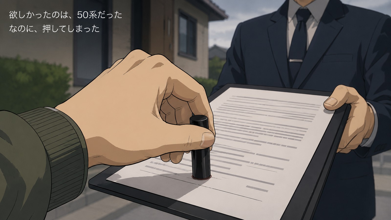 自宅の駐車場で、営業担当が差し出す書類に印鑑を押している手元のイラスト。「欲しかったのは、50系だった／なのに、押してしまった」の文字入り