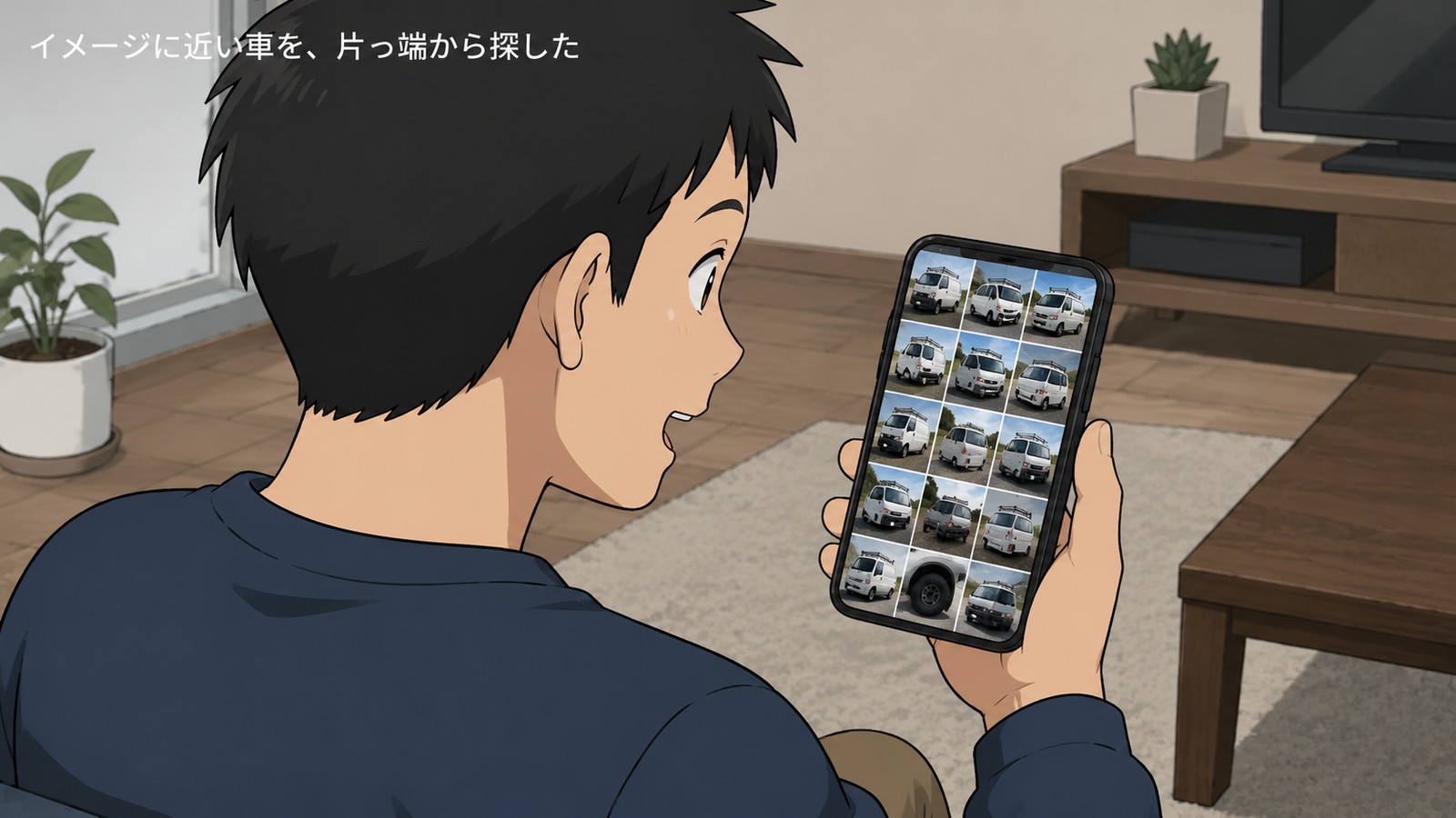 スマホの写真グリッド（3列×5行）を見ながらワクワクした表情を浮かべる人物を右斜め後方から見たイラスト。画面には白い商用バンを様々な角度・カスタムパターンで写した写真が並ぶ。「イメージに近い車を、片っ端から探した」の文字入り
