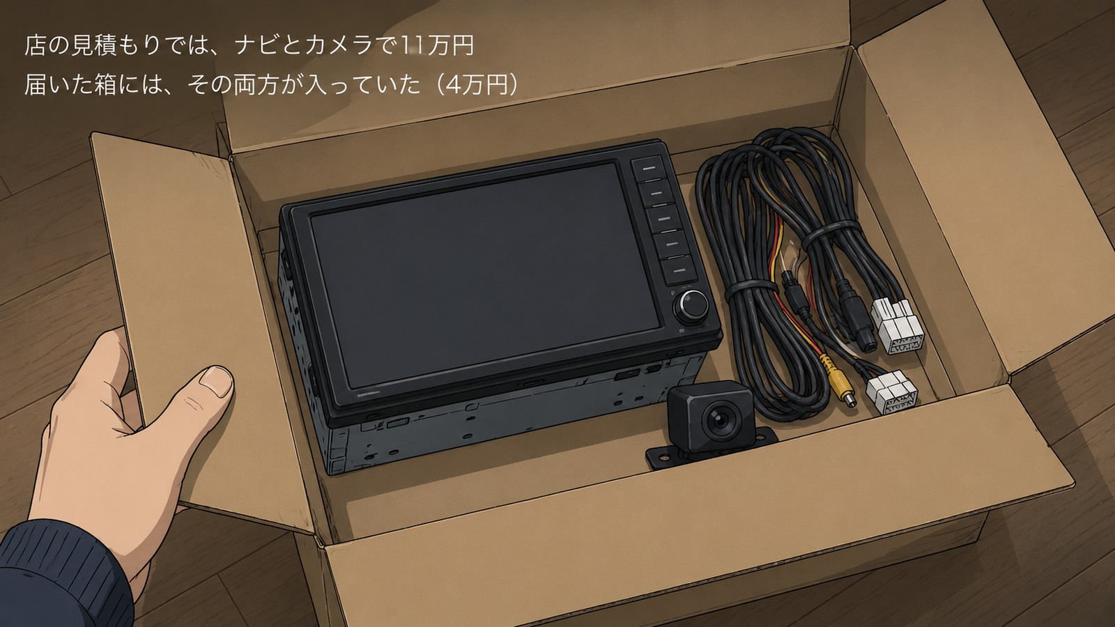 段ボール箱を開けると、カーナビ本体とバックカメラ、配線一式が入っているイラスト。「店の見積もりでは、ナビとカメラで11万円／届いた箱には、その両方が入っていた（4万円）」の文字入り