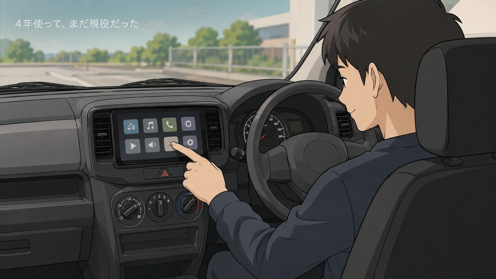 運転席で車載ナビの画面を操作し満足そうな表情を浮かべる人物のイラスト。「4年使って、まだ現役だった」の文字入り