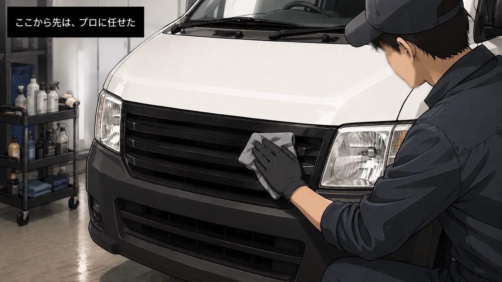 カスタムショップの作業スペースで、整備士が白い商用バンのフロントグリル周りをクロスで磨いている場面のイラスト。「ここから先は、プロに任せた」の文字入り