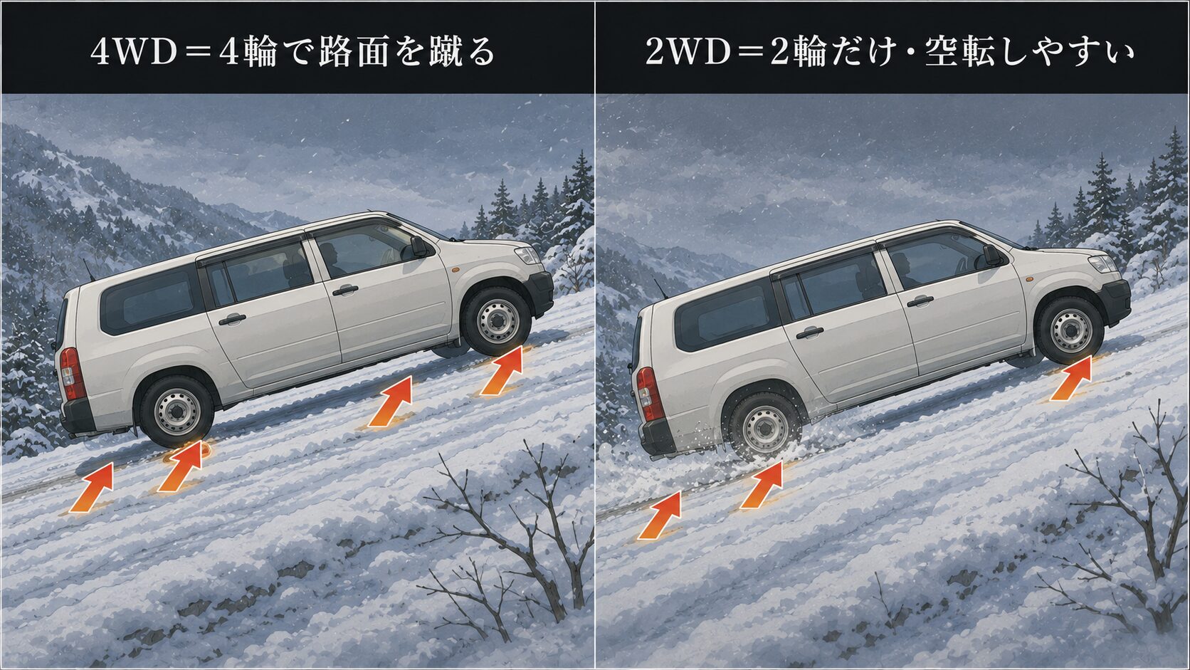 雪の登り坂で4輪すべてで路面を蹴る4WDと、2輪だけで空転しやすい2WDの比較
