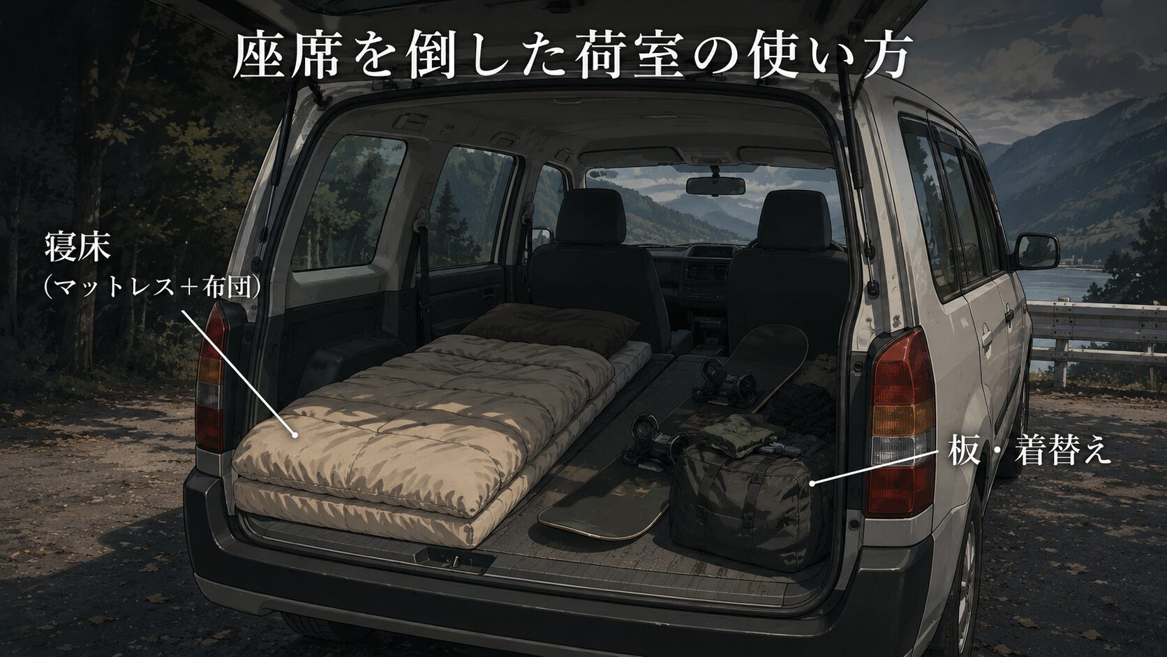 座席を倒したプロボックスの荷室内。助手席側に寝具、運転席側に荷物を置いたレイアウト
