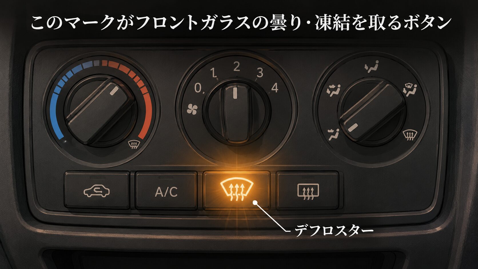 車のエアコンパネルにある扇形のマークが描かれたデフロスターのボタン
