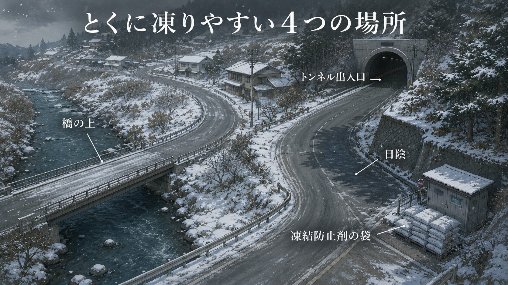 雪道で凍りやすい場所。橋の上、トンネル出入口、日陰、道路脇の凍結防止剤の袋