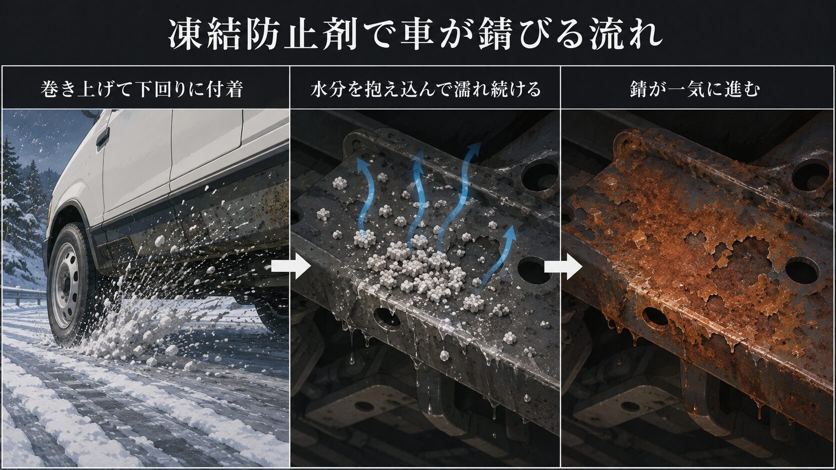 凍結防止剤が下回りに付着し、水分を抱え込んで濡れ続け、錆が一気に進む流れ