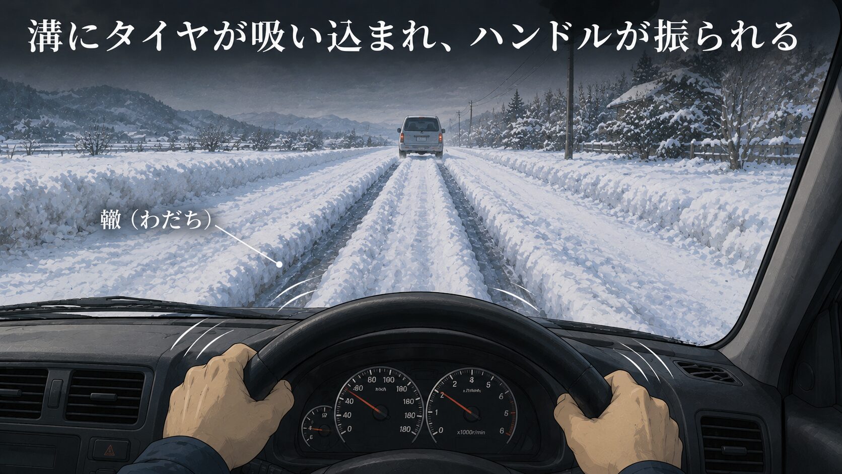 雪道の深い轍にタイヤが吸い込まれ、ハンドルが左右に振られる運転席からの視界