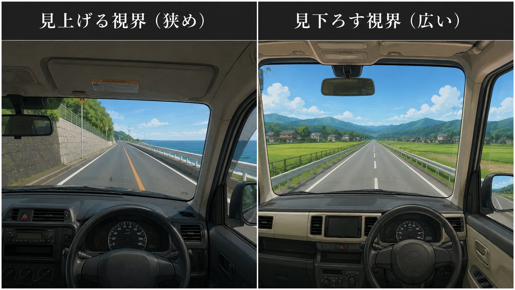 見上げる視界で狭めのプロボックスと、見下ろす視界で広い軽自動車の運転席からの前方視界の比較