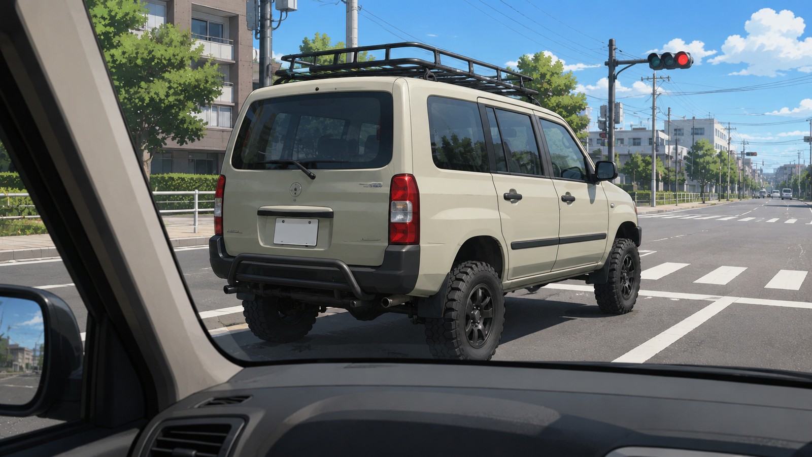 信号待ちの車内から見たイラスト。隣の車線に、リフトアップしてオフロードタイヤとルーフキャリアを付けたカスタム仕様の小型ライトバンが停まっている