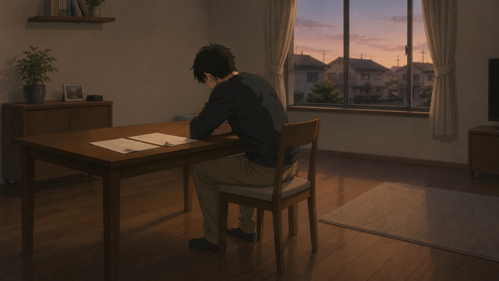 夕暮れの部屋のイラスト。テーブルに書類が数枚置かれ、男性が一人で両ひじをついてうつむいている。照明は点いておらず、窓の外は暮れかけている