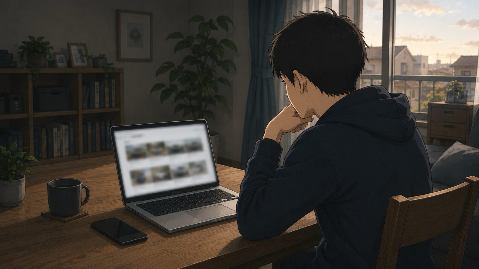 暗くなり始めた部屋でノートパソコンとスマートフォンを前に、車の写真らしきサムネイルが並ぶ画面を見ながら考え込んでいる男性の後ろ姿