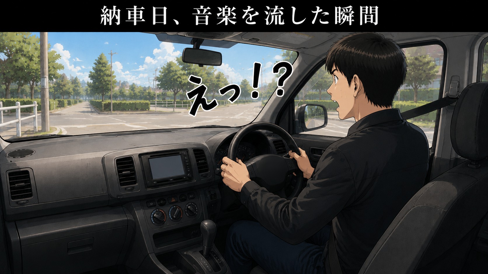 納車したばかりの車の運転席で音楽を流し、思っていた音と違って驚いている場面