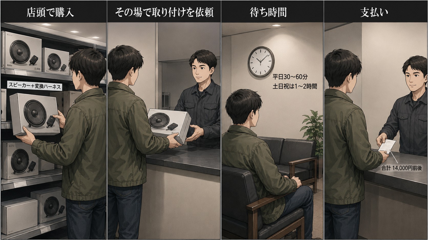 オートバックスでの購入から取り付けまでの流れを表した4コマイラスト