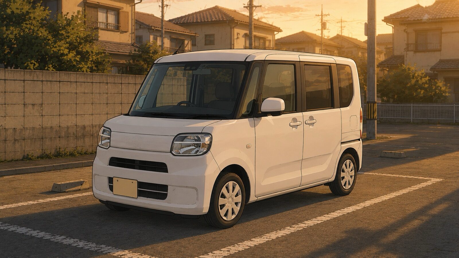 住宅街の駐車場に停まっている白いダイハツ・タント。斜め前方から見た構図