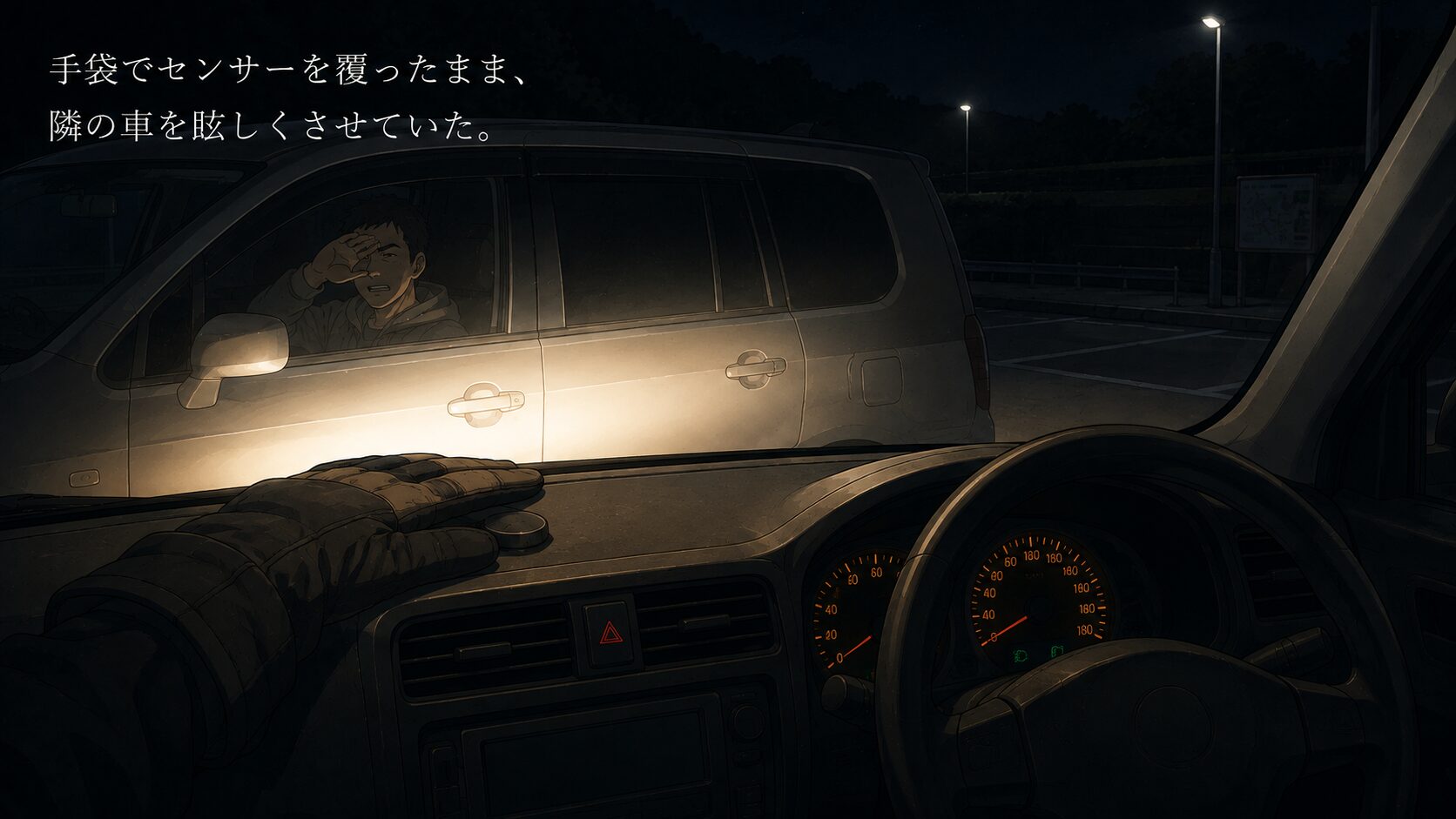 スノーボード用手袋でセンサーを覆ってしまい、隣の車の運転手を眩しくさせている様子